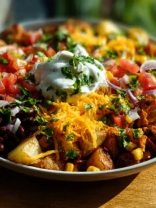 Delicious loaded potato taco bowl with crispy potatoes and fresh toppings