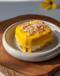 Delicious mango coconut baked oats topped with fresh mango and coconut flakes