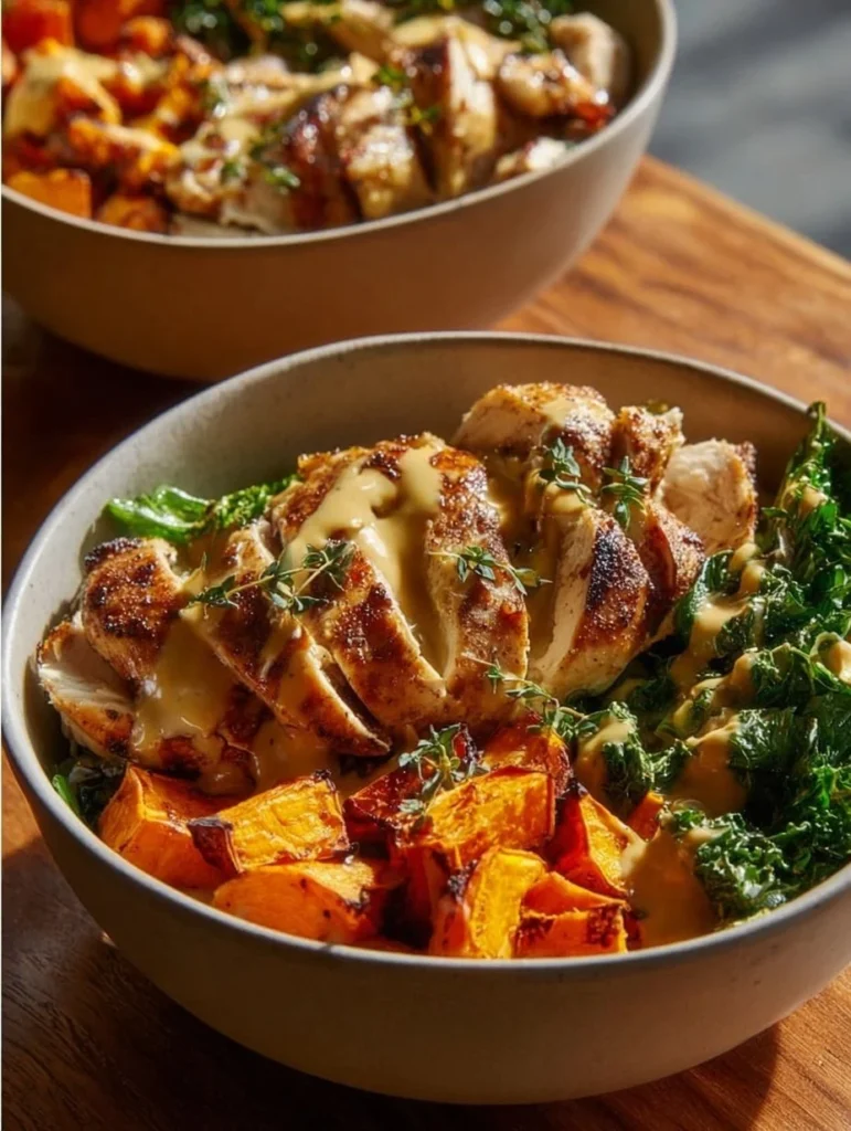Maple Dijon Chicken served with roasted sweet potato in a flavorful bowl