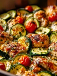 Mediterranean Chicken Zucchini Bake with fresh veggies and herbs