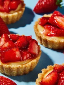 Mini strawberry custard tartlets on a serving plate with fresh strawberries