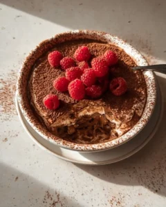 Delicious Mocha Tiramisu Baked Oats topped with cocoa and coffee flavors.