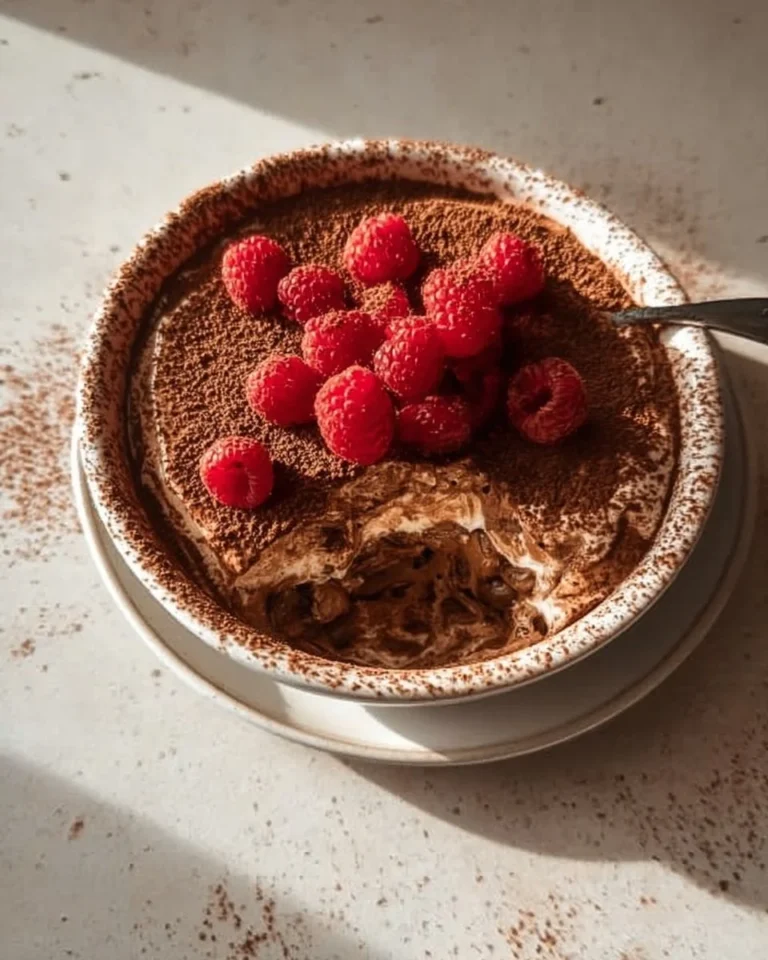 Delicious Mocha Tiramisu Baked Oats topped with cocoa and coffee flavors.