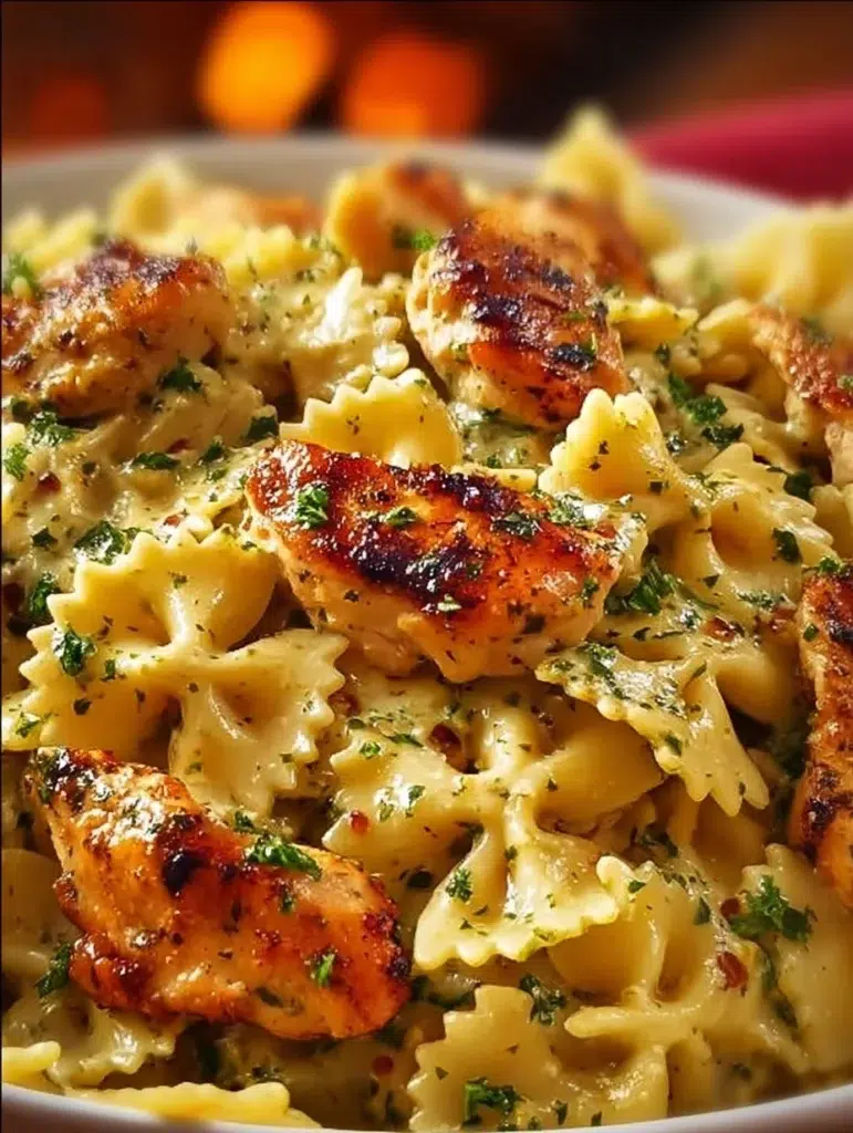 Mozzarella Garlic Butter Chicken served with bowtie pasta in cheesy cream sauce
