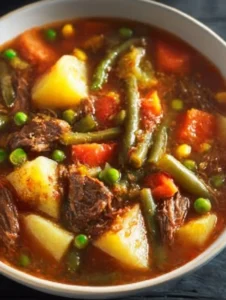 Bowl of my mom's old-fashioned vegetable beef soup with colorful vegetables and beef chunks