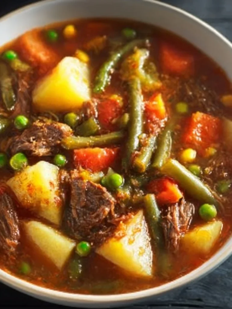 Bowl of my mom's old-fashioned vegetable beef soup with colorful vegetables and beef chunks