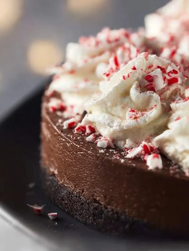 No Bake Chocolate Peppermint Cheesecake topped with crushed candy canes