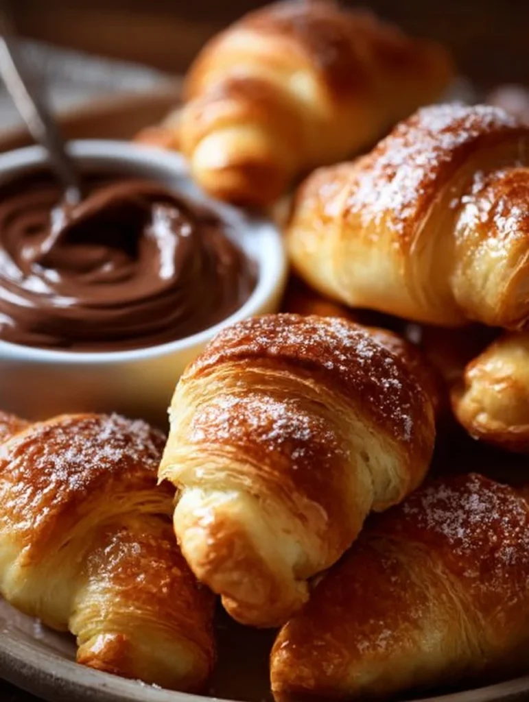 Freshly baked Nutella Crescent Rolls topped with powdered sugar