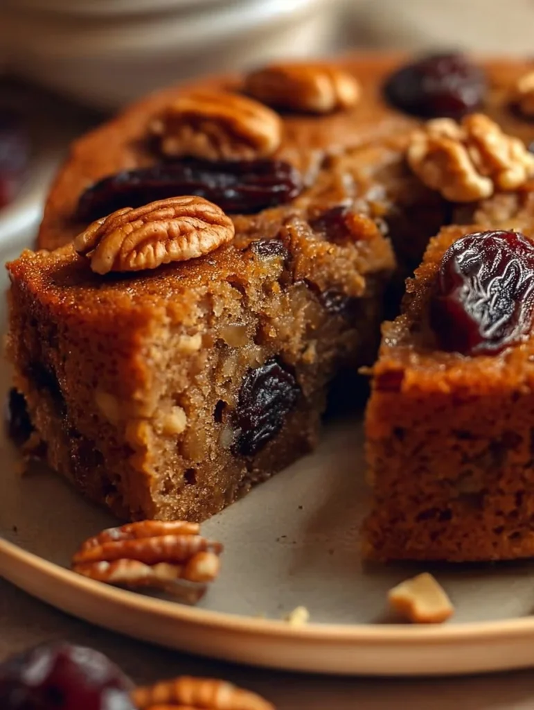 Delicious nutty date and walnut cake topped with spices and served on a plate.