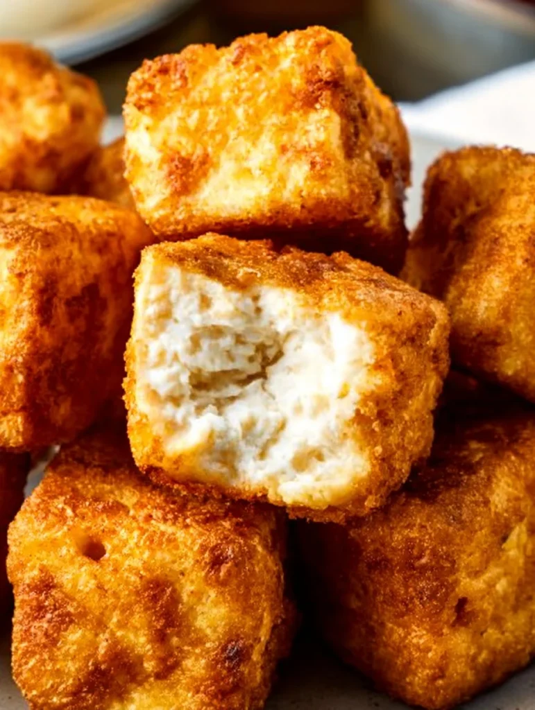 Crispy oil-free air fryer tofu served with vegetables.