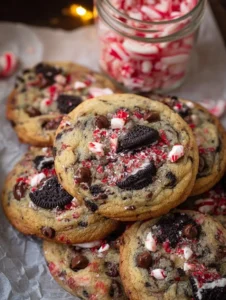 Oreo Chocolate Chip Peppermint Cookies stacked on a plate