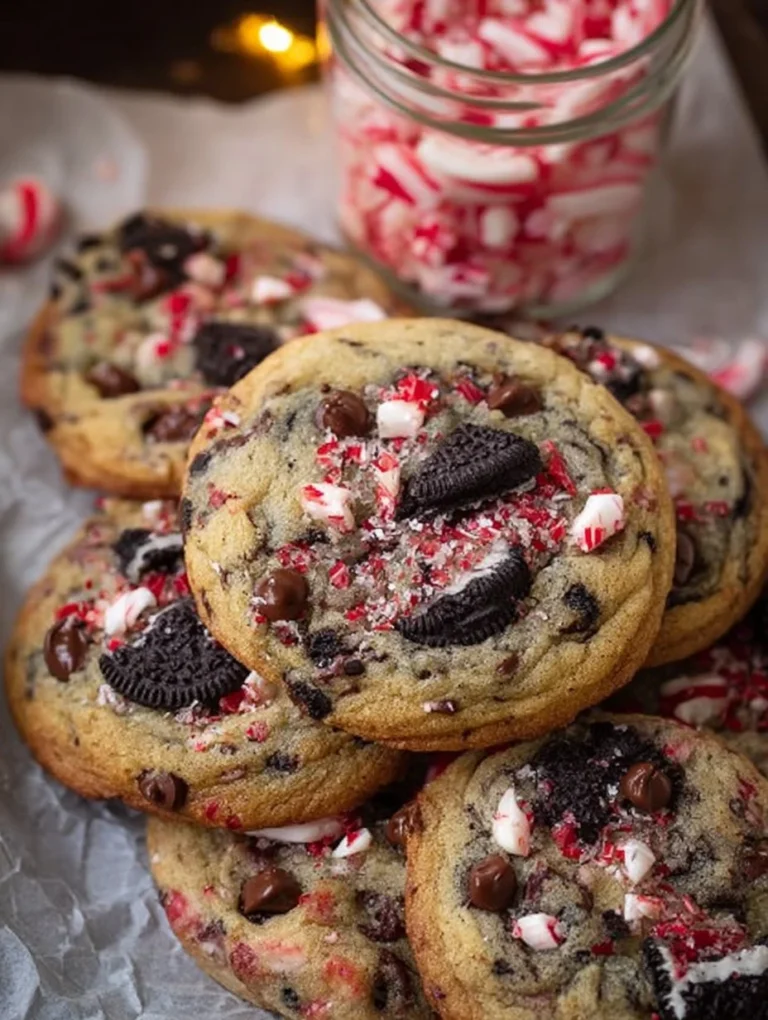 Oreo Chocolate Chip Peppermint Cookies stacked on a plate