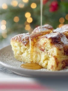 Delicious Overnight Eggnog French Toast Casserole served with syrup and berries