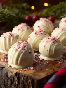 Homemade peppermint truffles with chocolate coating and mint decorations