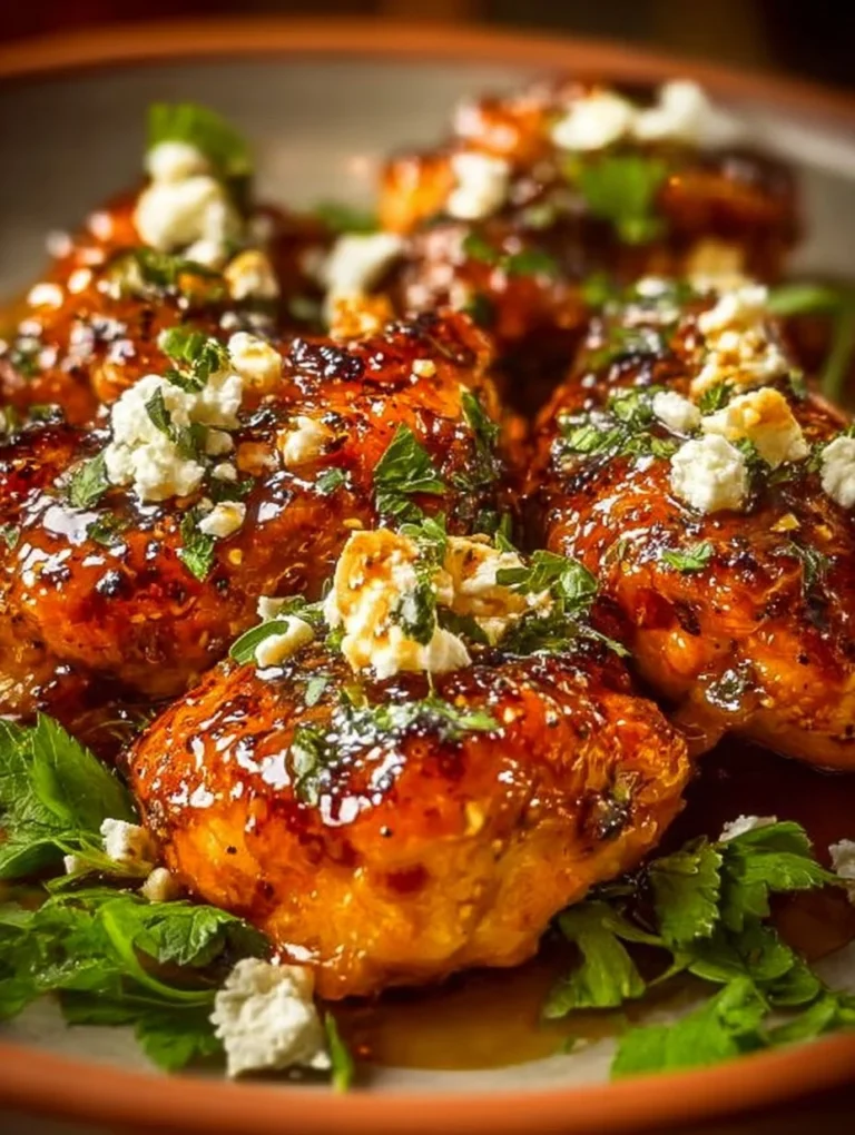 Deliciously baked hot honey feta chicken served with herbs and spices.