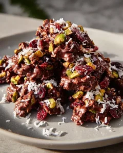 Pistachio Chocolate Clusters with cranberries in a decorative bowl