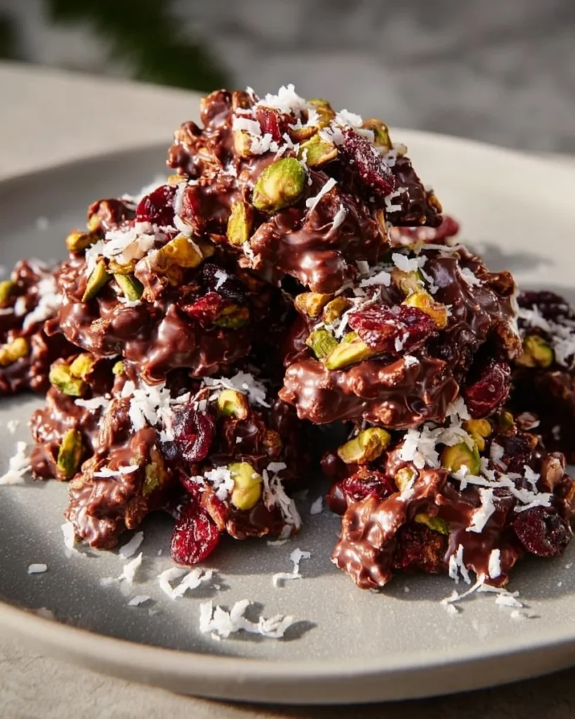 Pistachio Chocolate Clusters with cranberries in a decorative bowl