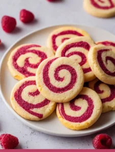 Freshly baked raspberry swirl cookies with berry swirls and a golden crust.