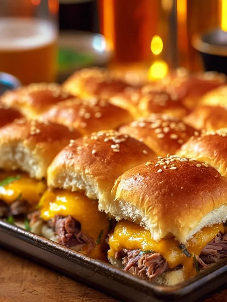 Delicious roast beef and cheddar sliders served on a wooden platter.