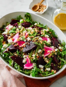 Roasted beet salad with goat cheese and honey on a white plate