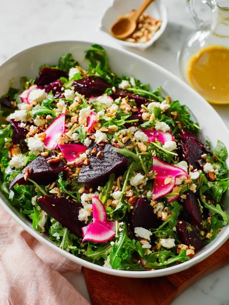 Roasted beet salad with goat cheese and honey on a white plate