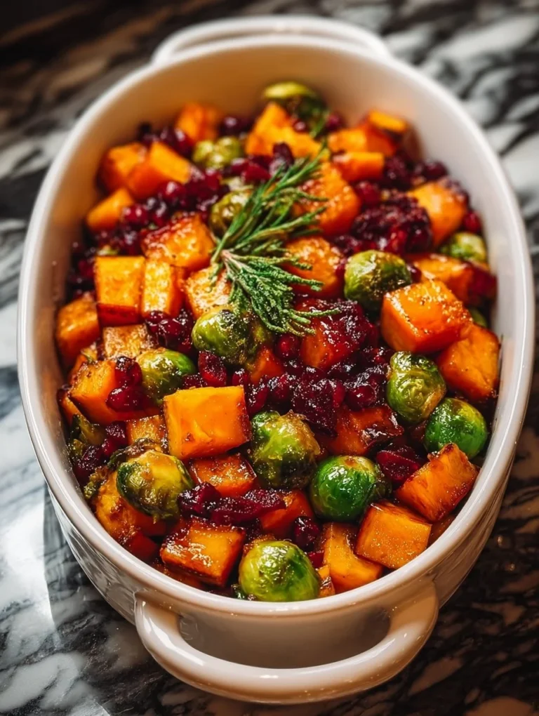 Roasted butternut squash and Brussels sprouts with pecans and cranberries dish