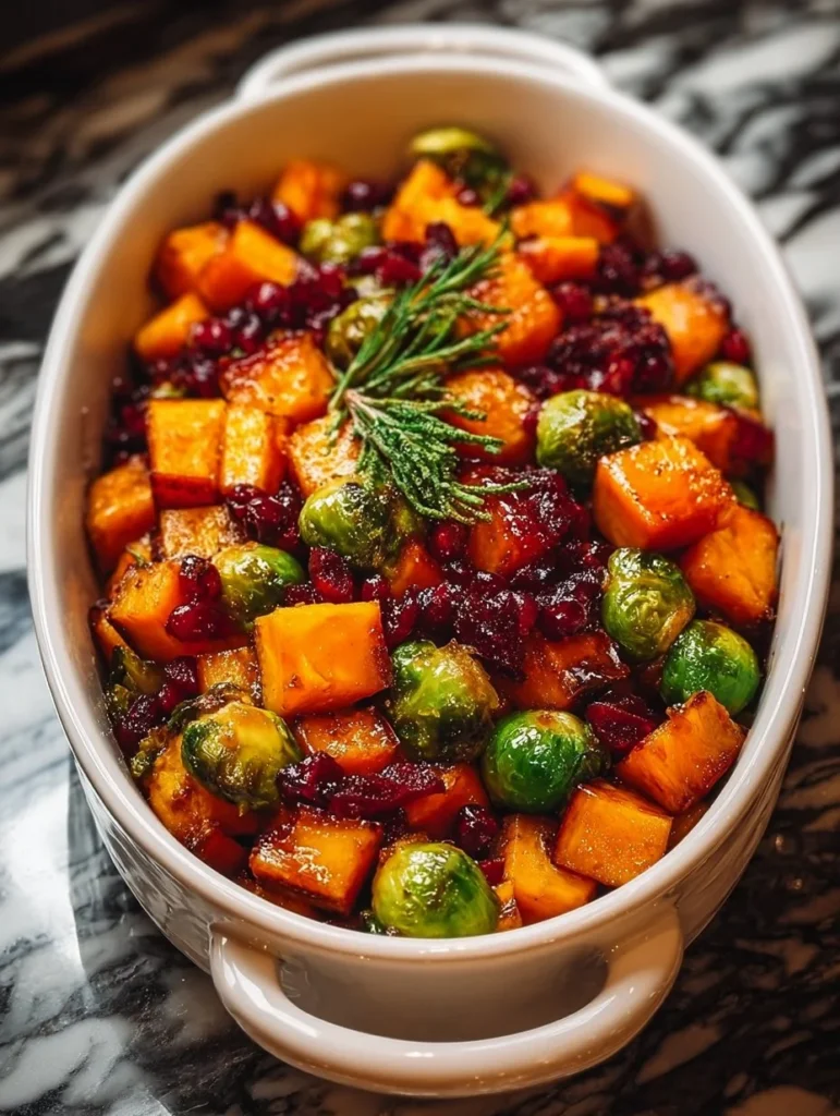Roasted butternut squash and Brussels sprouts with pecans and cranberries dish