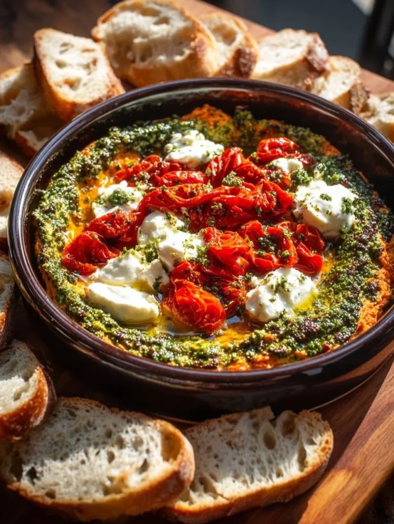 Creamy roasted red pepper goat cheese pesto dip served in a bowl with fresh herbs.