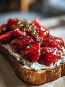 Roasted strawberry whipped ricotta toast topped with fresh strawberries.