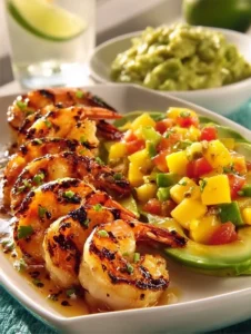 Shrimp avocado bowls with mango salsa and lime-chili sauce garnished beautifully