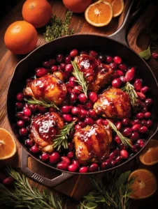 Delicious skillet cranberry orange chicken served on a festive plate