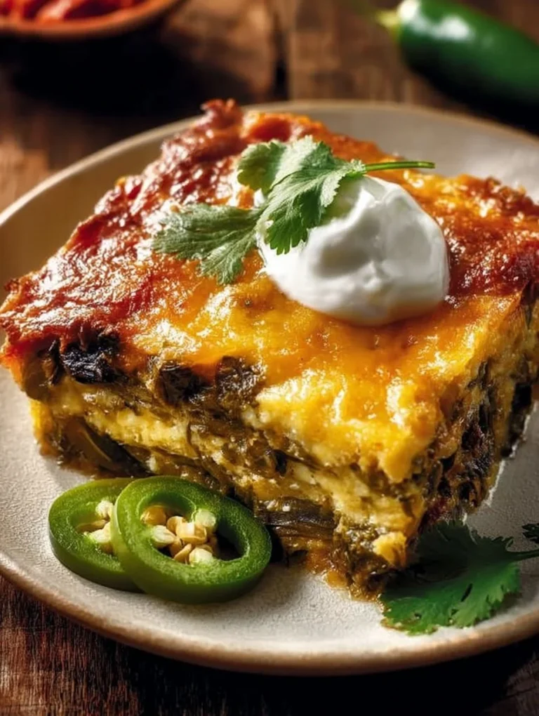 Delicious stuffed chile casserole topped with cheese and spices