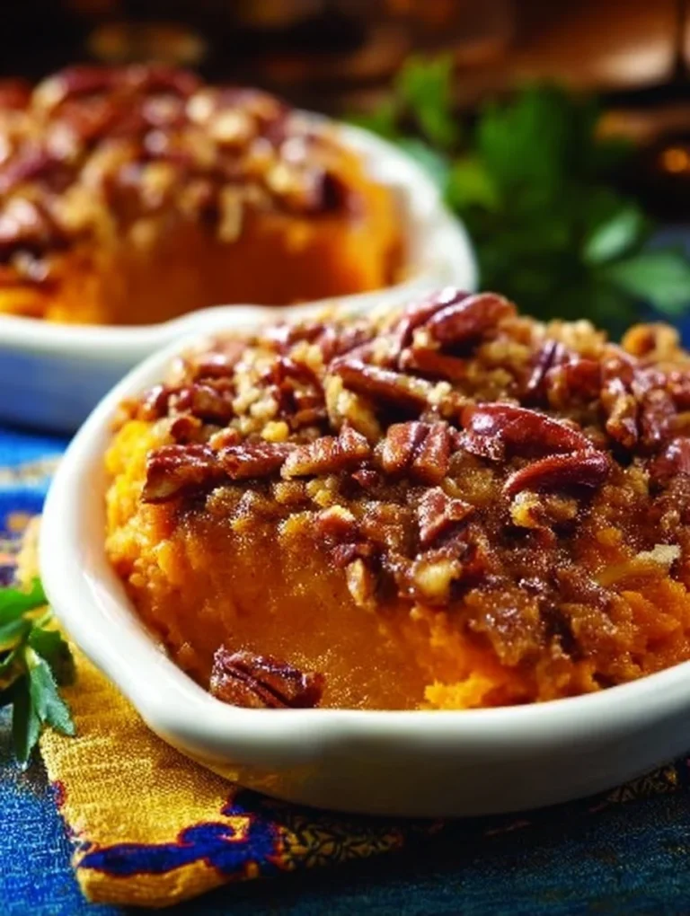 Delicious sweet potato casserole topped with crunchy pecans, served in a baking dish.