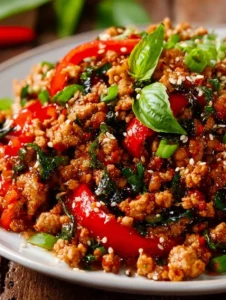 Delicious plate of Thai Basil Chicken with vibrant vegetables and herbs