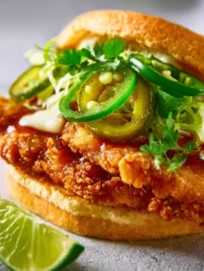 Delicious Thai Fried Chicken Sandwich with vibrant toppings and crispy chicken.