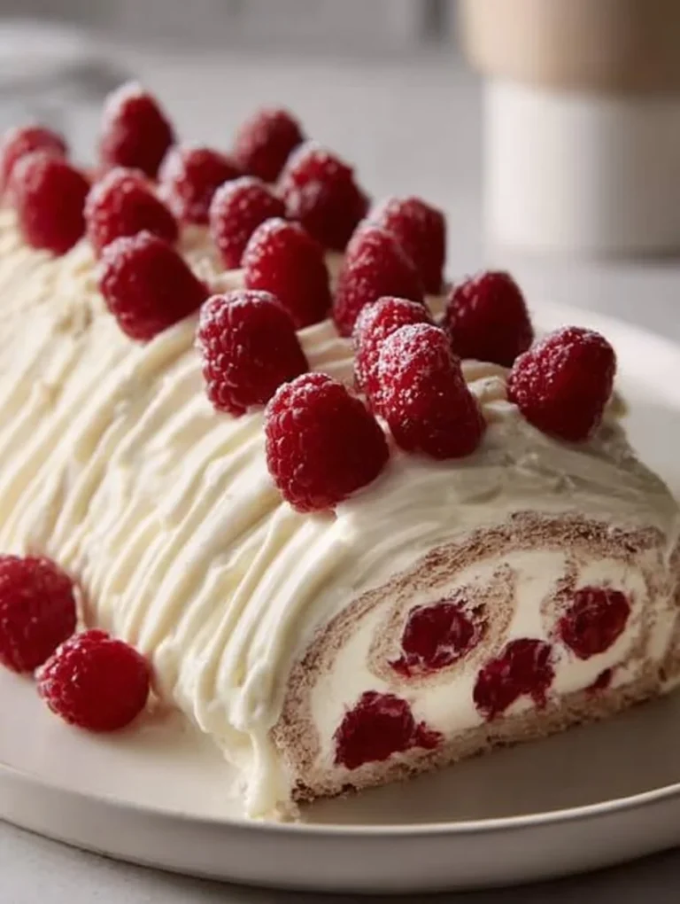Delicious white chocolate raspberry yule log dessert decorated for festive celebrations