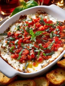 Baked Goat Cheese Bruschetta Dip served with toasted bread