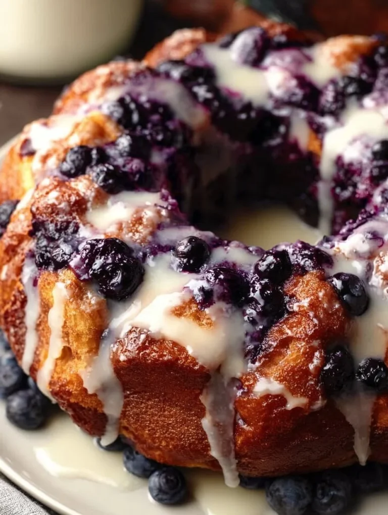 Delicious blueberry monkey bread drizzled with sweet glaze on a serving plate
