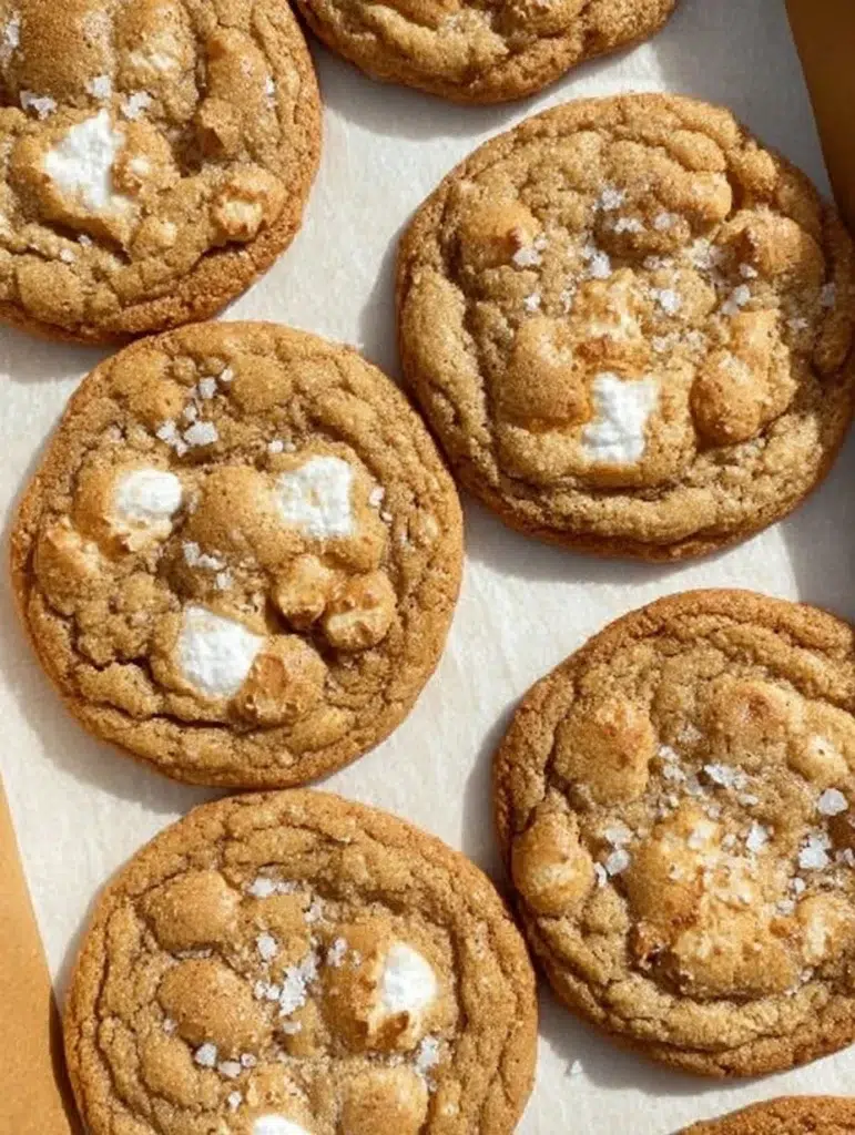 Delicious brown butter marshmallow crispy cookies on a plate