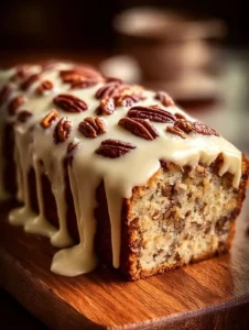 Delicious Butter Pecan Cake Loaf with creamy icing on a plate