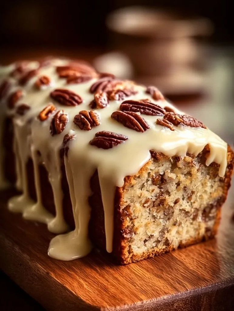 Delicious Butter Pecan Cake Loaf with creamy icing on a plate