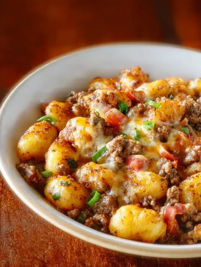 Cheeseburger gnocchi served in a bowl with melted cheese and toppings.