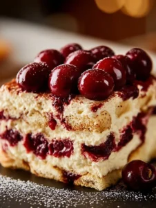 Delicious Cherry Amaretto Tiramisu dessert with cherries and mascarpone layers