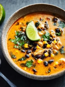 Bowl of delicious Chicken Poblano Soup garnished with cilantro