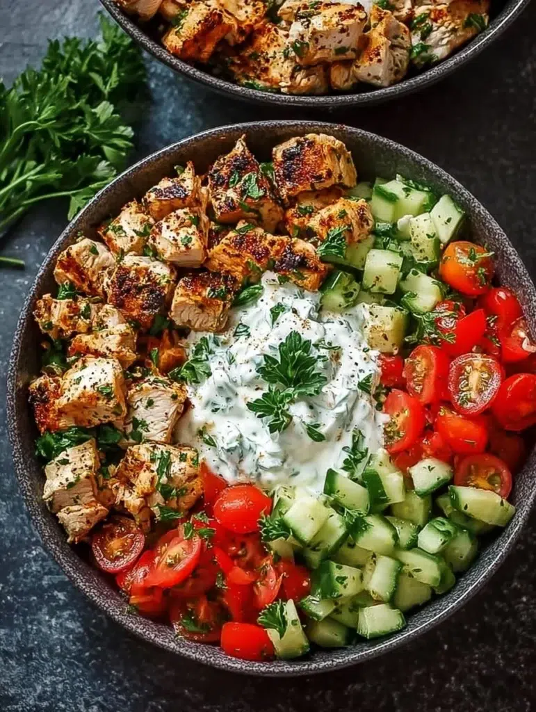 Delicious Chicken Tzatziki Bowl with marinated chicken and creamy tzatziki sauce