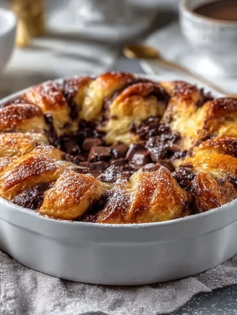 Chocolate Croissant Breakfast Bake with melted chocolate and flaky pastry