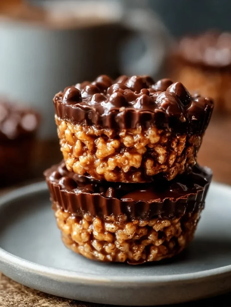 Delicious Chocolate Peanut Butter Rice Krispie Cups with a rich chocolate topping