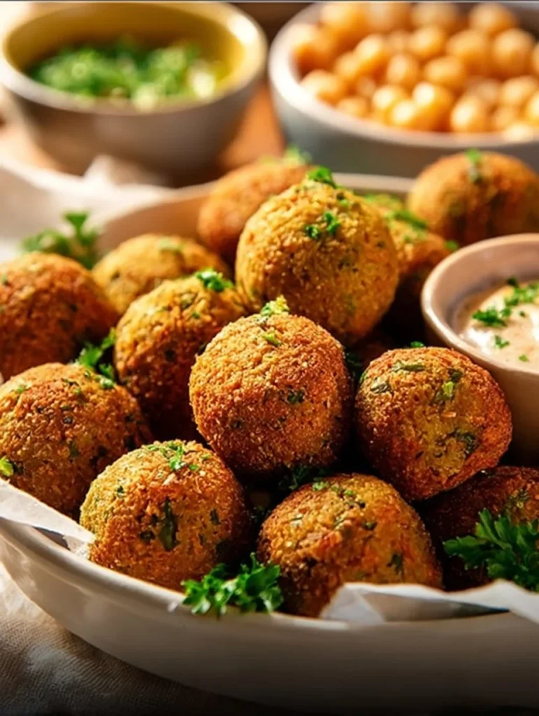 Delicious crispy falafel balls served with fresh herbs and dipping sauce.