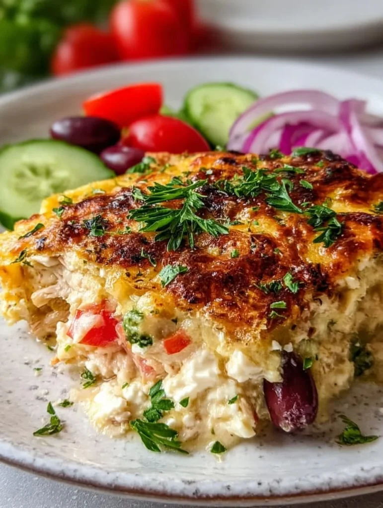 Delicious Dump-and-Bake Chicken Tzatziki Casserole topped with fresh herbs