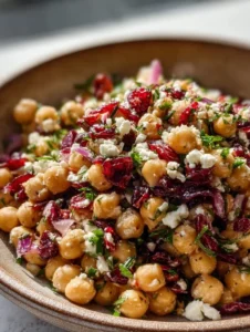 Feta and cranberry chickpea salad with lemon vinaigrette in a bowl